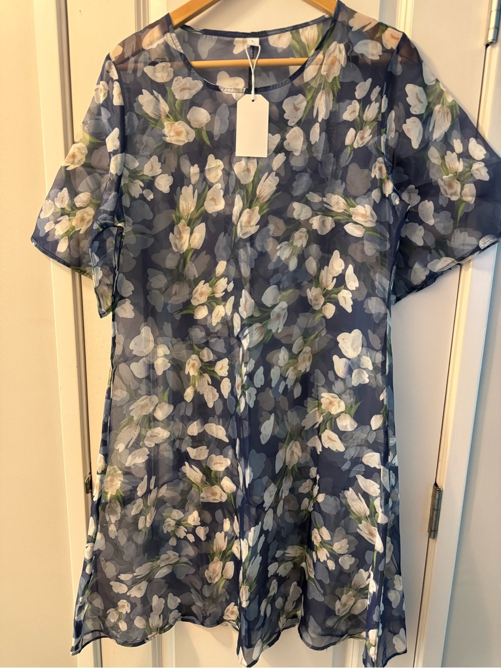 Navy Floral Sheer A-line Dress with Bell Sleeves Flowy Art to Wear